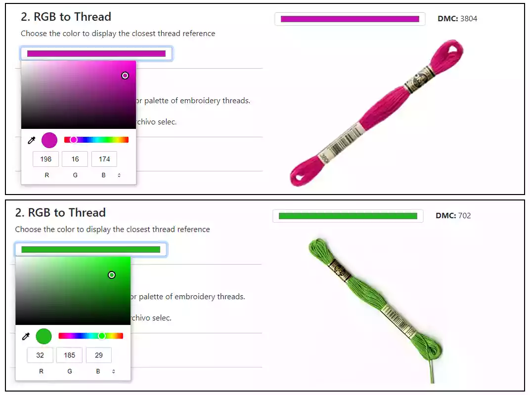 Example of the tool to convert RGB to DMC